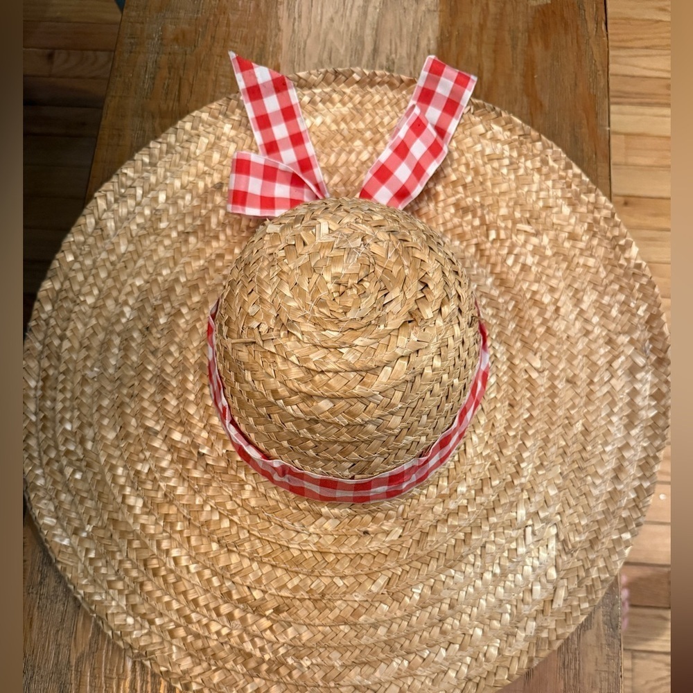Straw Sun Hat Red Gingham Ribbon W 18 opening size 7 Cottagecore Prarie Picnic - Picture 2 of 3
